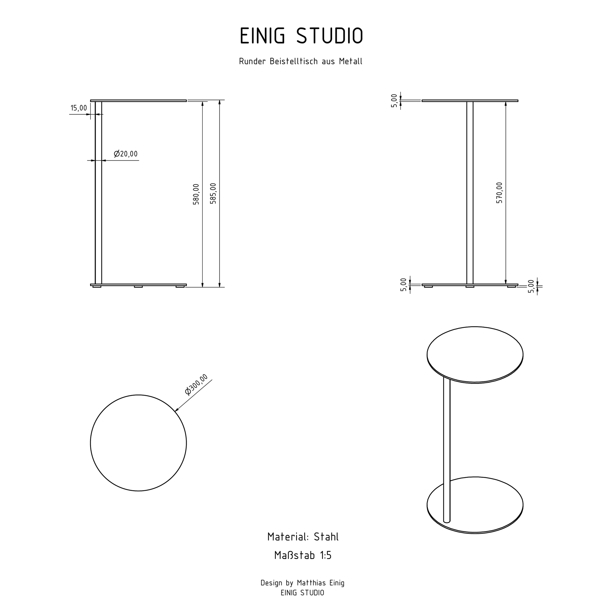 Maßzeichnung runder Beistelltisch aus Metall von Einig Studio